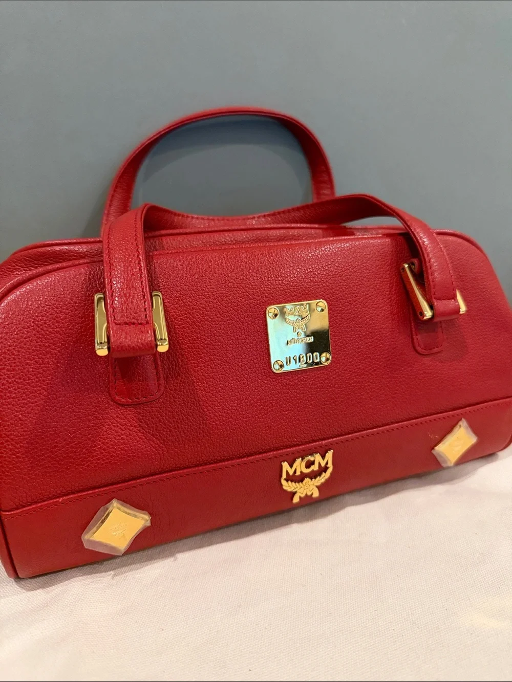 MCM Red Leather Satchel with Gold Hardware